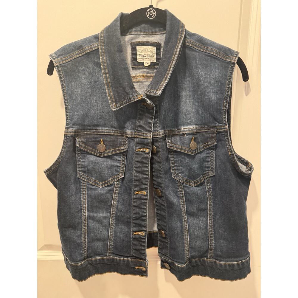 Wax Jean Dark Denim Women's Button Up Collared Sleeveless Jacket Vest Size 2XL